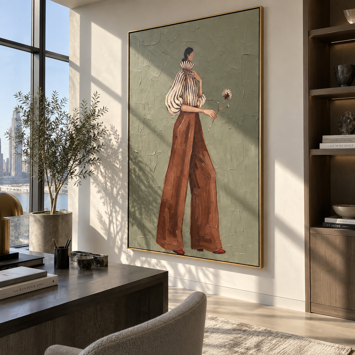 Wildflower Through Sage – retro woman painting displayed in a styled contemporary interior