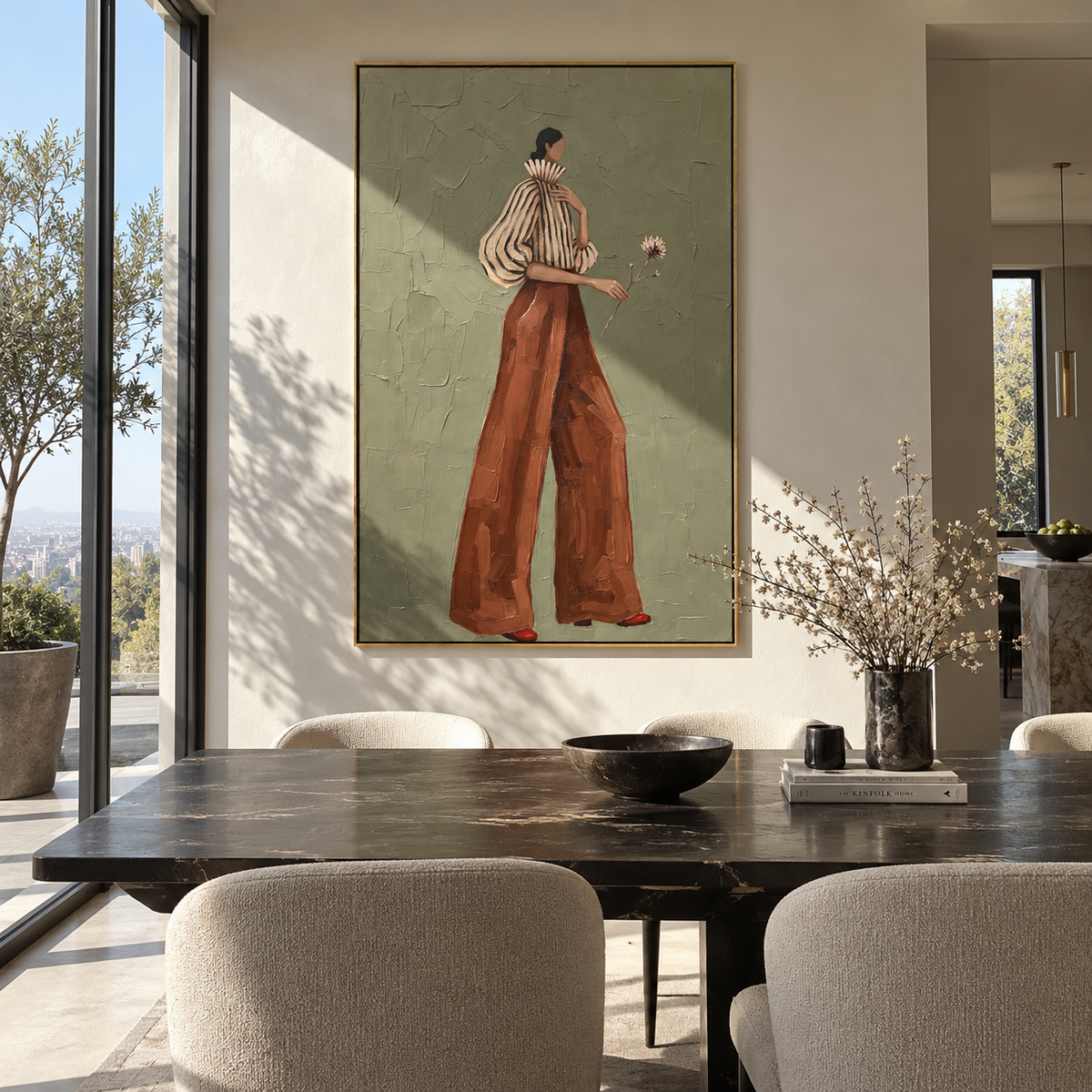 Wildflower Through Sage – textured vertical portrait presented in a coordinated room