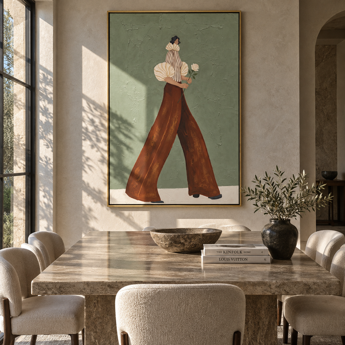White Bloom in Motion – textured woman artwork shown in an alternate modern room