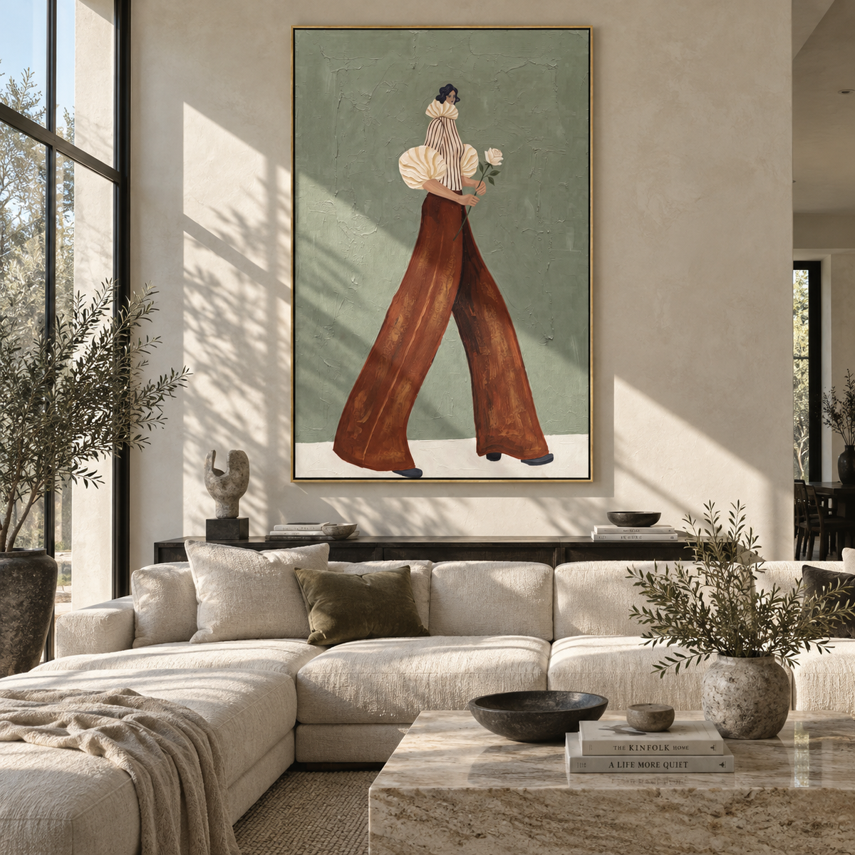 White Bloom in Motion – vertical fashion wall art styled with contemporary furnishings