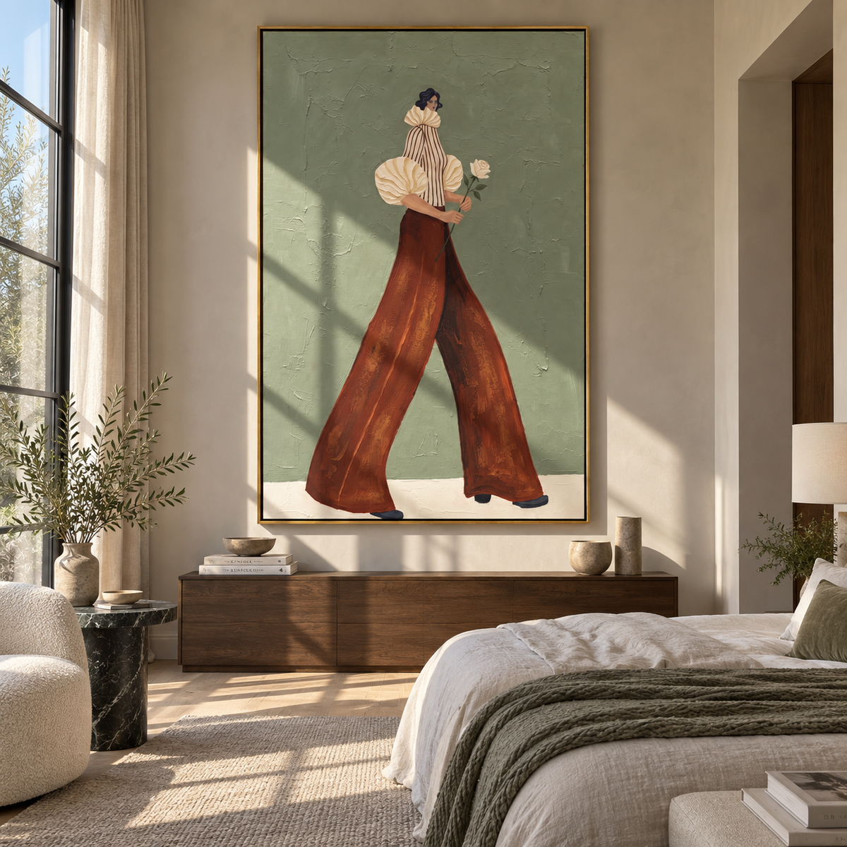 White Bloom in Motion – mid-century woman painting displayed in a refined interior