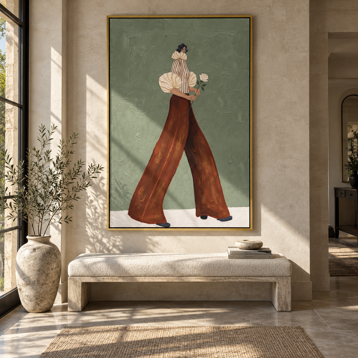 White Bloom in Motion – textured vertical portrait presented in a coordinated room