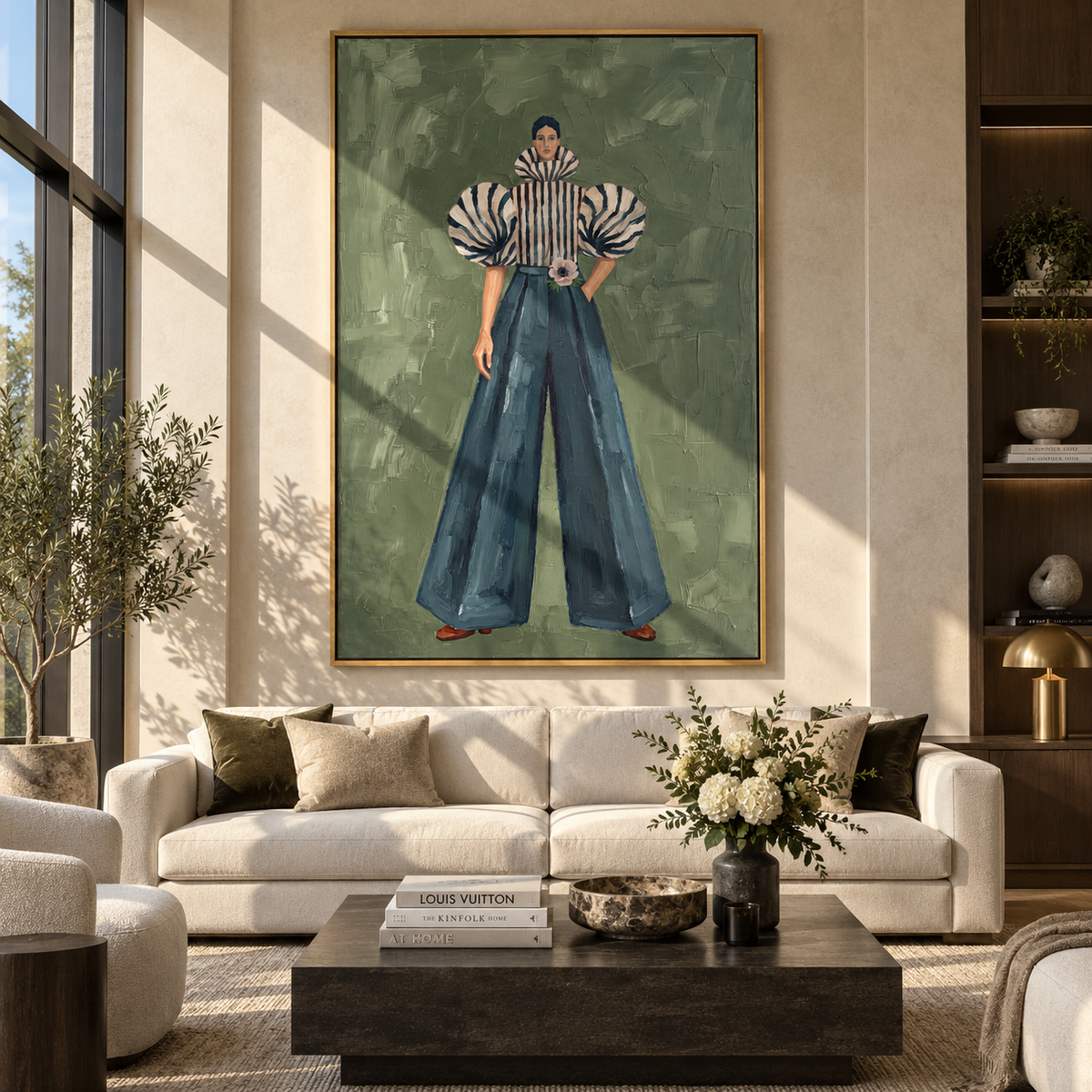 Striped Poise in Teal – retro woman painting displayed in a styled contemporary interior