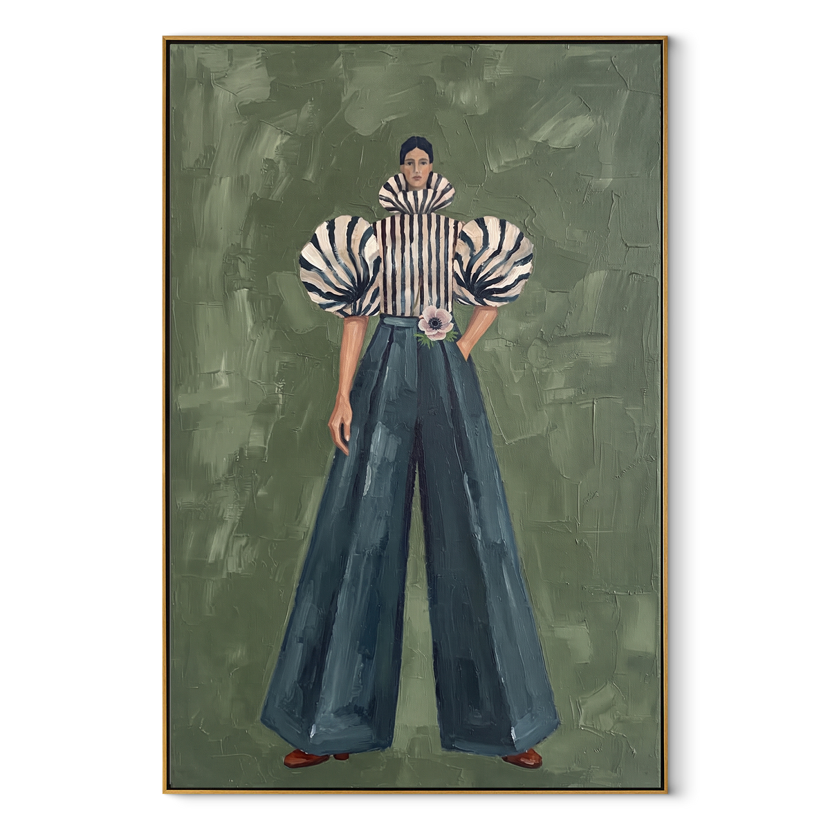 Striped Poise in Teal – vertical fashion painting in a wood frame on white