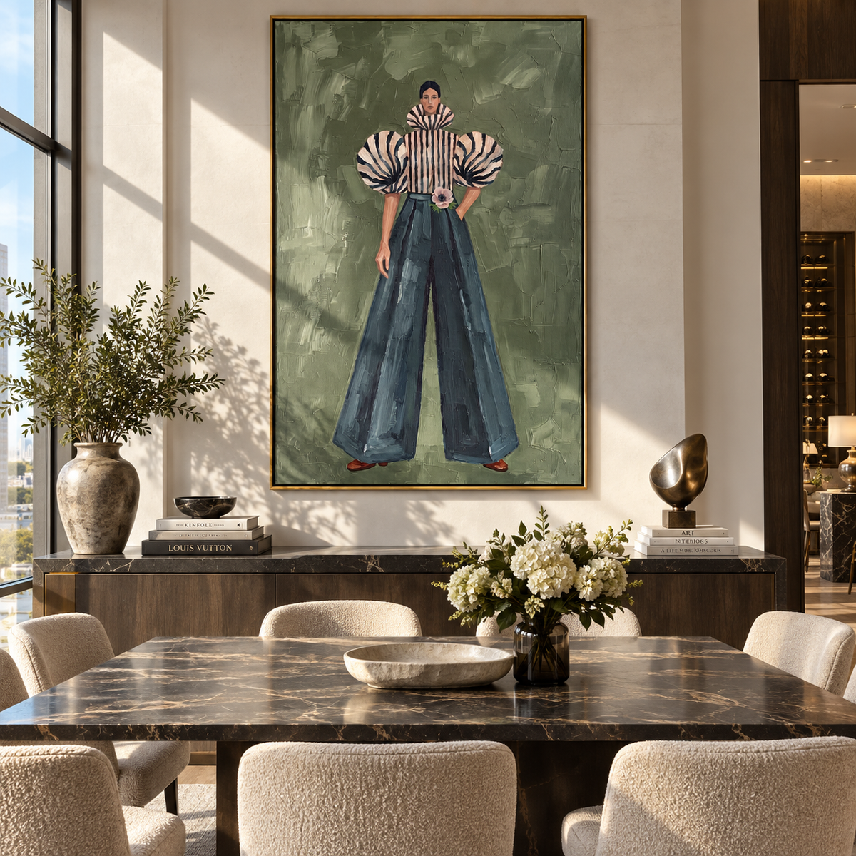 Striped Poise in Teal – textured woman artwork shown in an alternate modern room