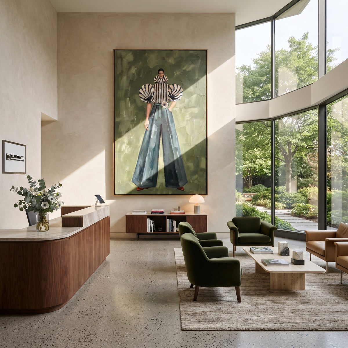 Striped Poise in Teal – mid-century woman painting displayed in a refined interior