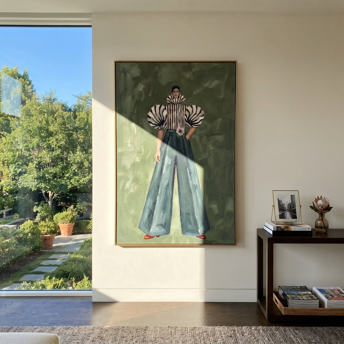 Striped Poise in Teal – textured vertical portrait presented in a coordinated room