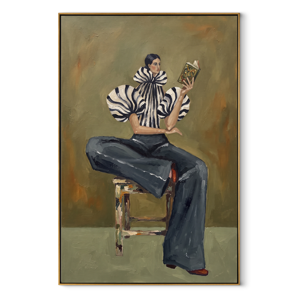 Pages Beneath Olive Light – Retro Woman Painting | Mid-Century Vertical Wall Art