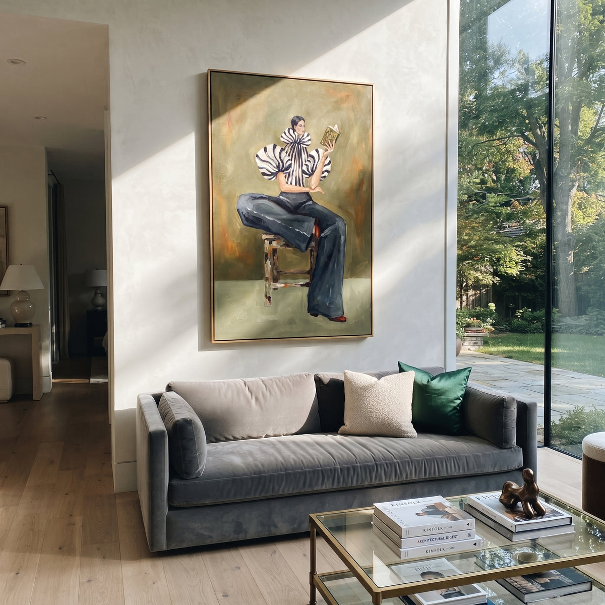 Pages Beneath Olive Light – textured woman artwork shown in an alternate modern room
