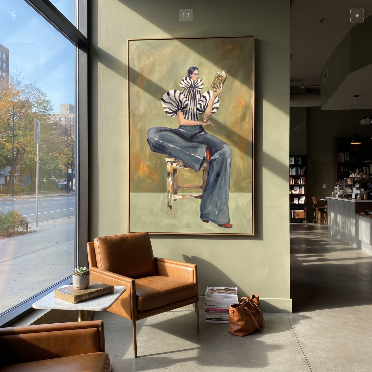 Pages Beneath Olive Light – textured vertical portrait presented in a coordinated room