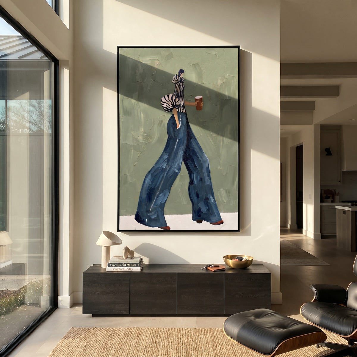 Coffee Across Quiet Sage – retro woman painting displayed in a styled contemporary interior