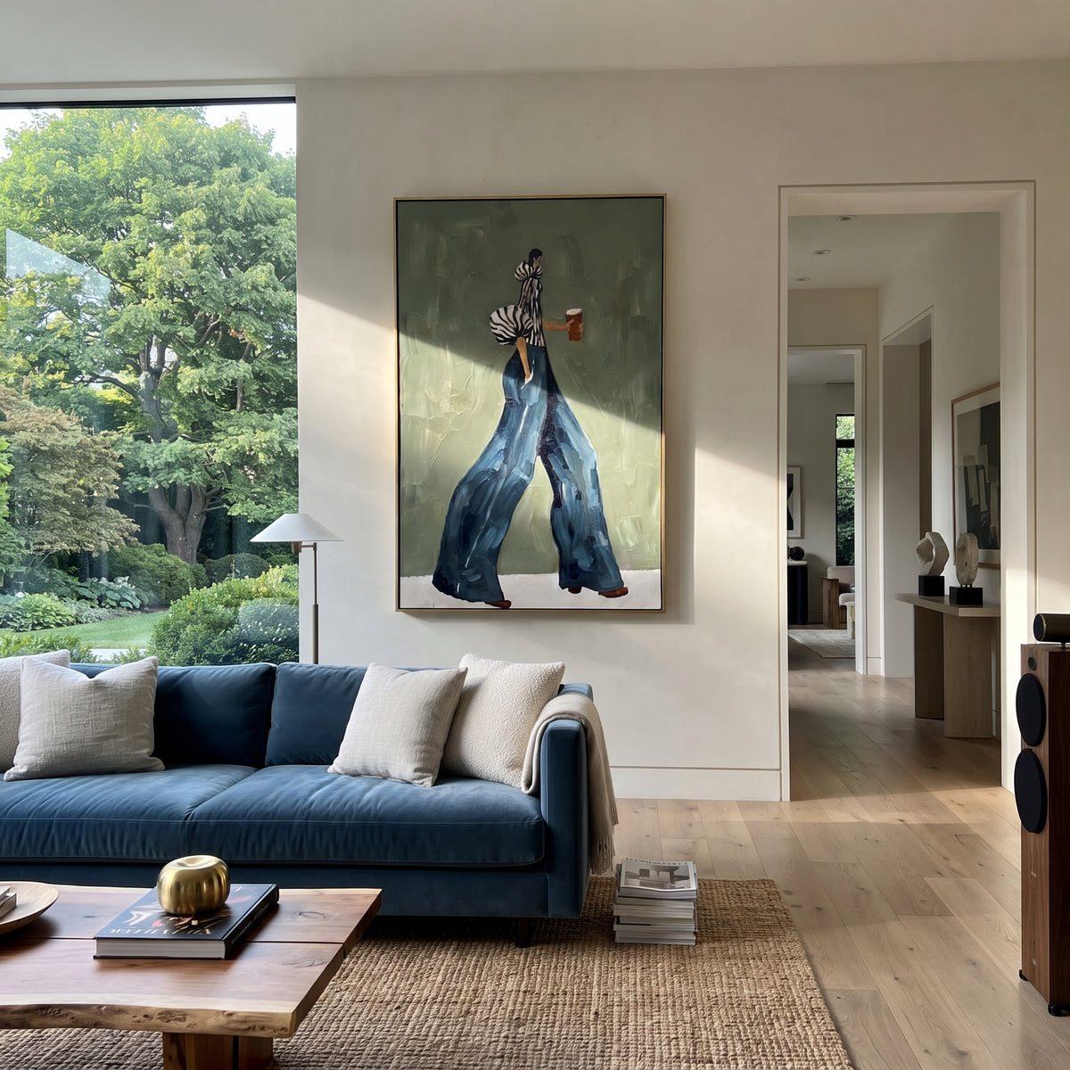 Coffee Across Quiet Sage – textured woman artwork shown in an alternate modern room