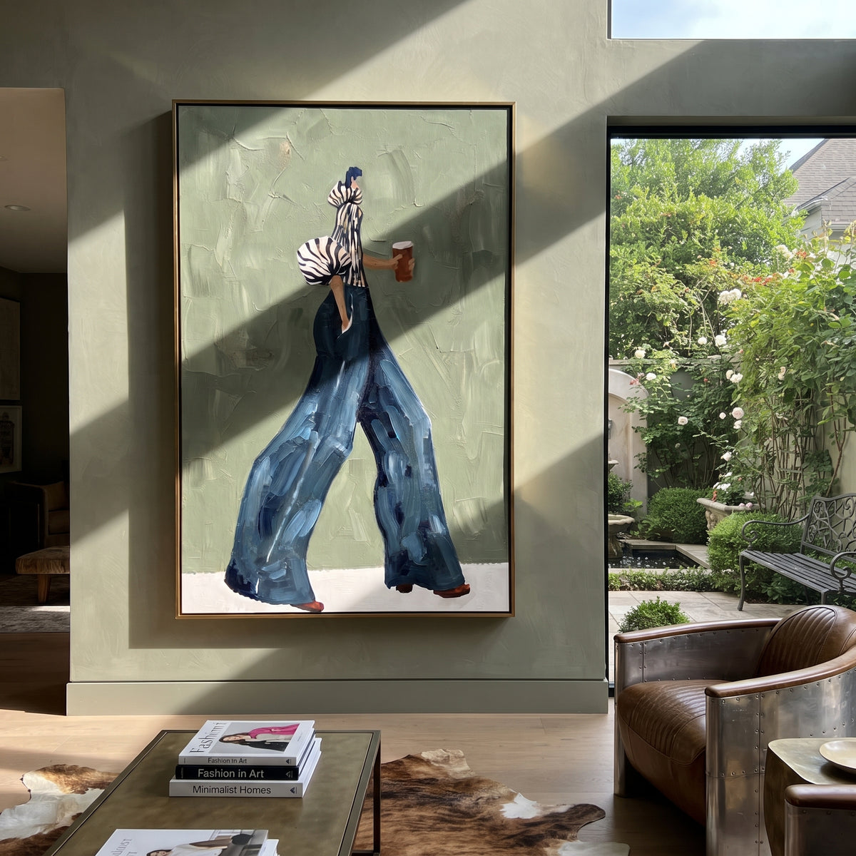 Coffee Across Quiet Sage – mid-century woman painting displayed in a refined interior