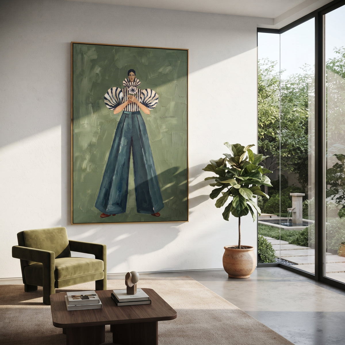 Bloom Held at Heart – retro woman painting displayed in a styled contemporary interior