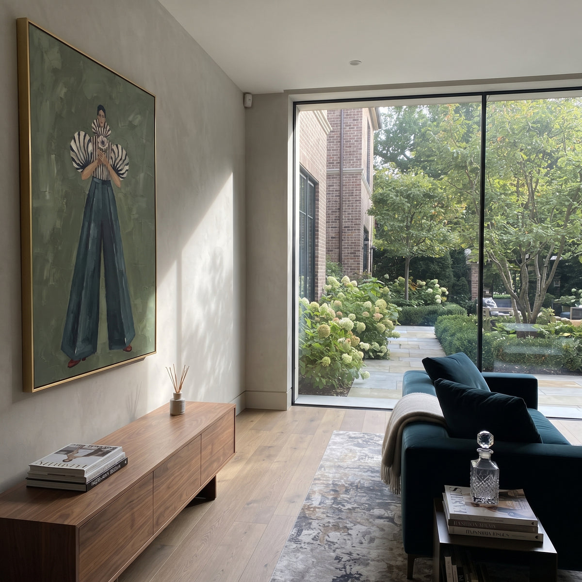 Bloom Held at Heart – textured woman artwork shown in an alternate modern room
