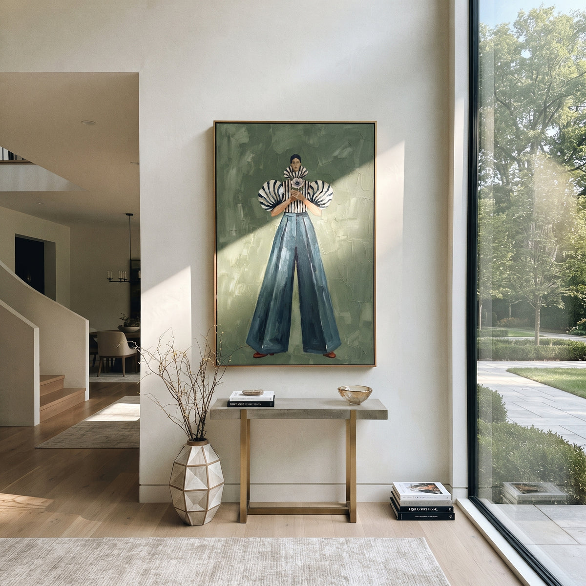 Bloom Held at Heart – vertical fashion wall art styled with contemporary furnishings