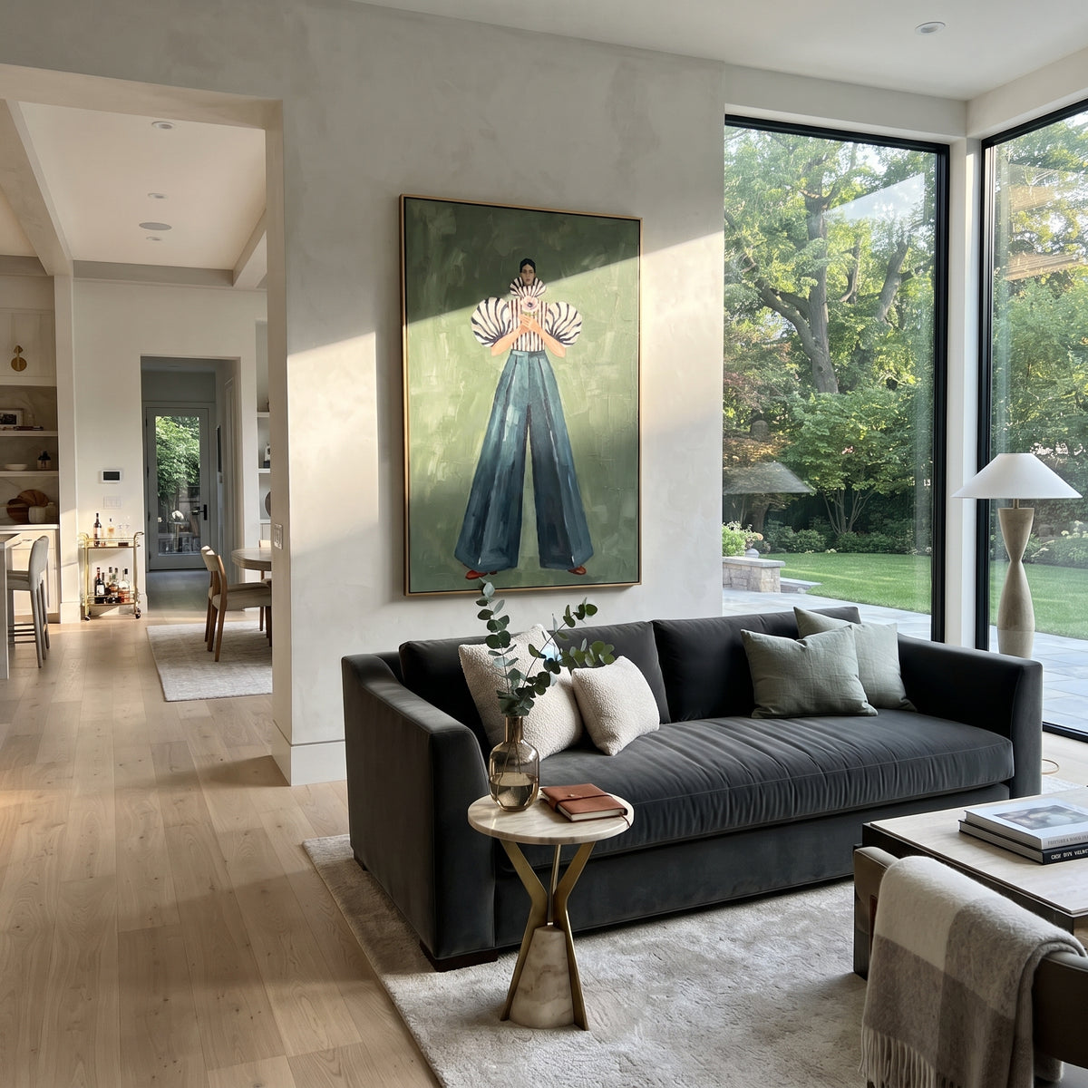 Bloom Held at Heart – mid-century woman painting displayed in a refined interior