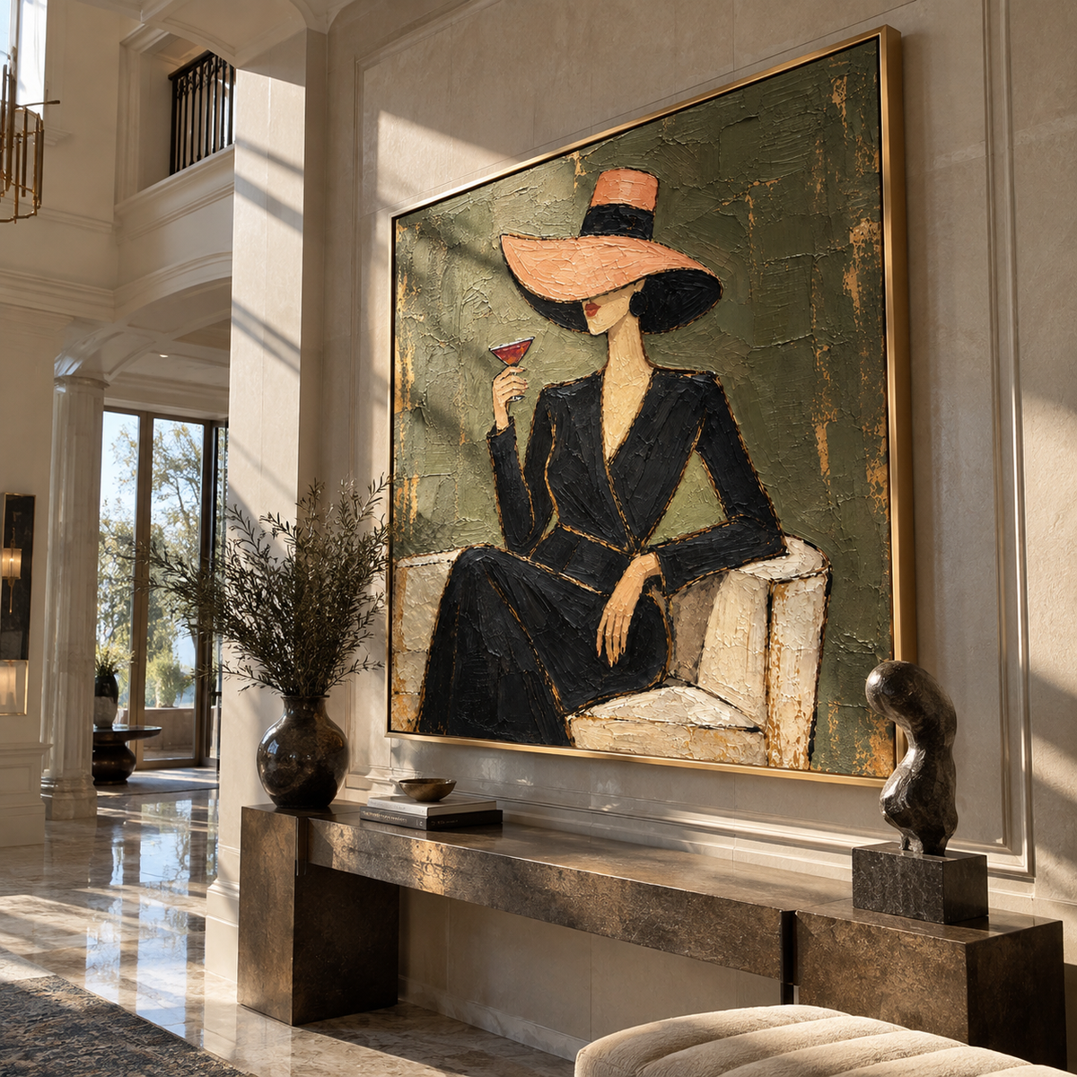Rose Brim Before Midnight black dress woman with martini painting displayed in a modern interior