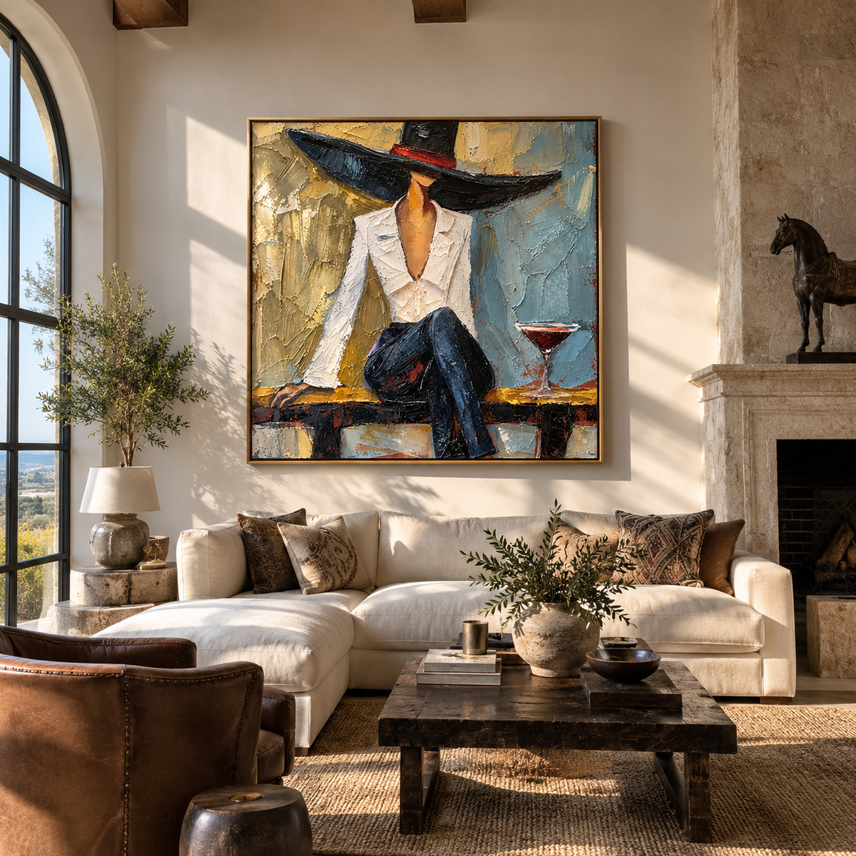 Ivory Jacket Black Brim woman with wine fashion painting displayed in a modern interior