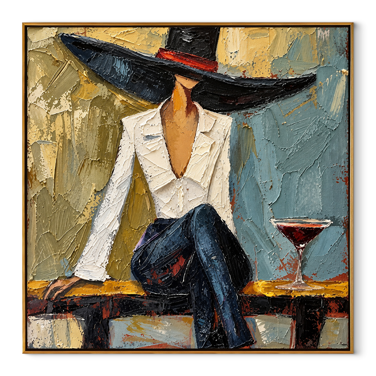Ivory Jacket Black Brim square canvas artwork in a wood frame on white