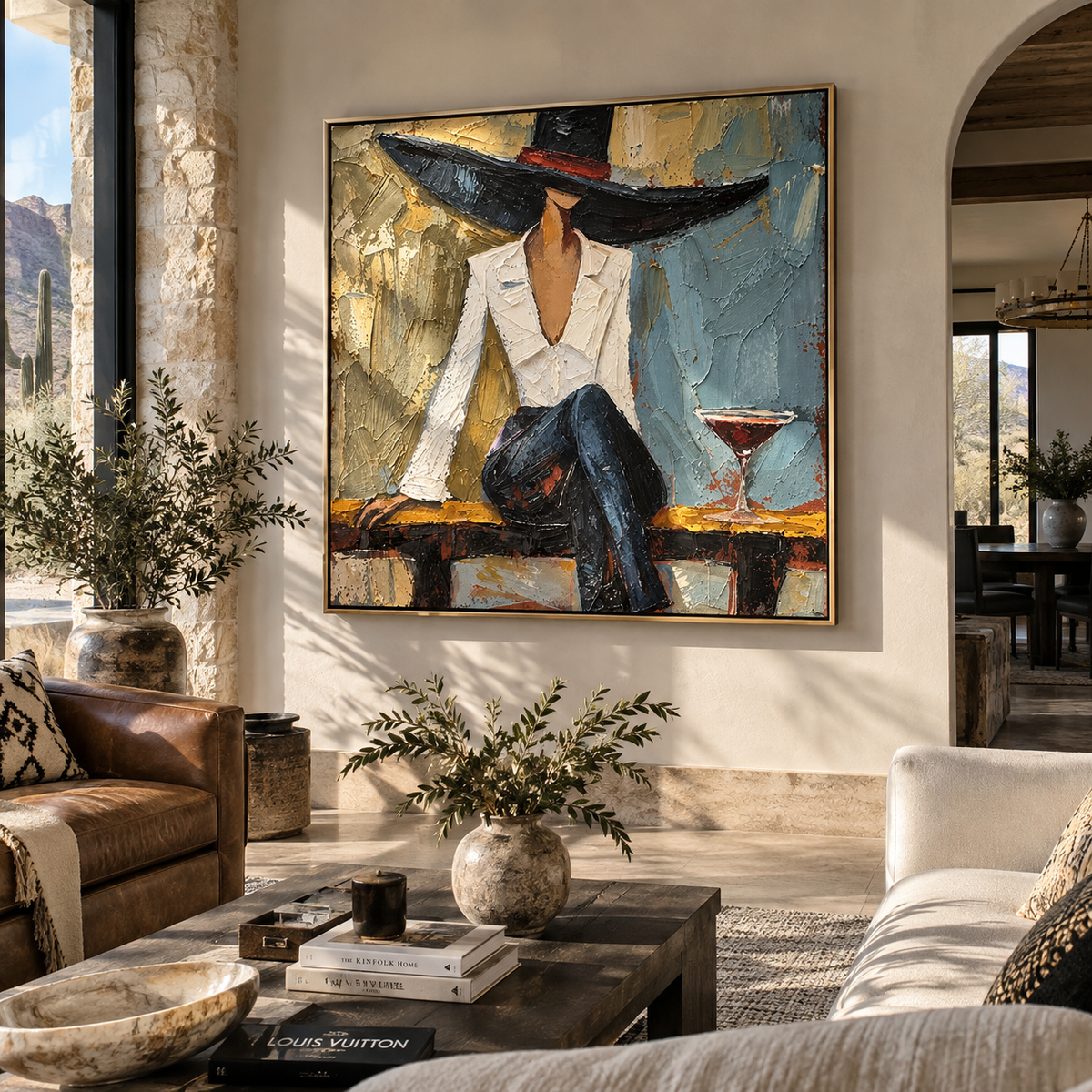 Ivory Jacket Black Brim presented in an alternate room setting