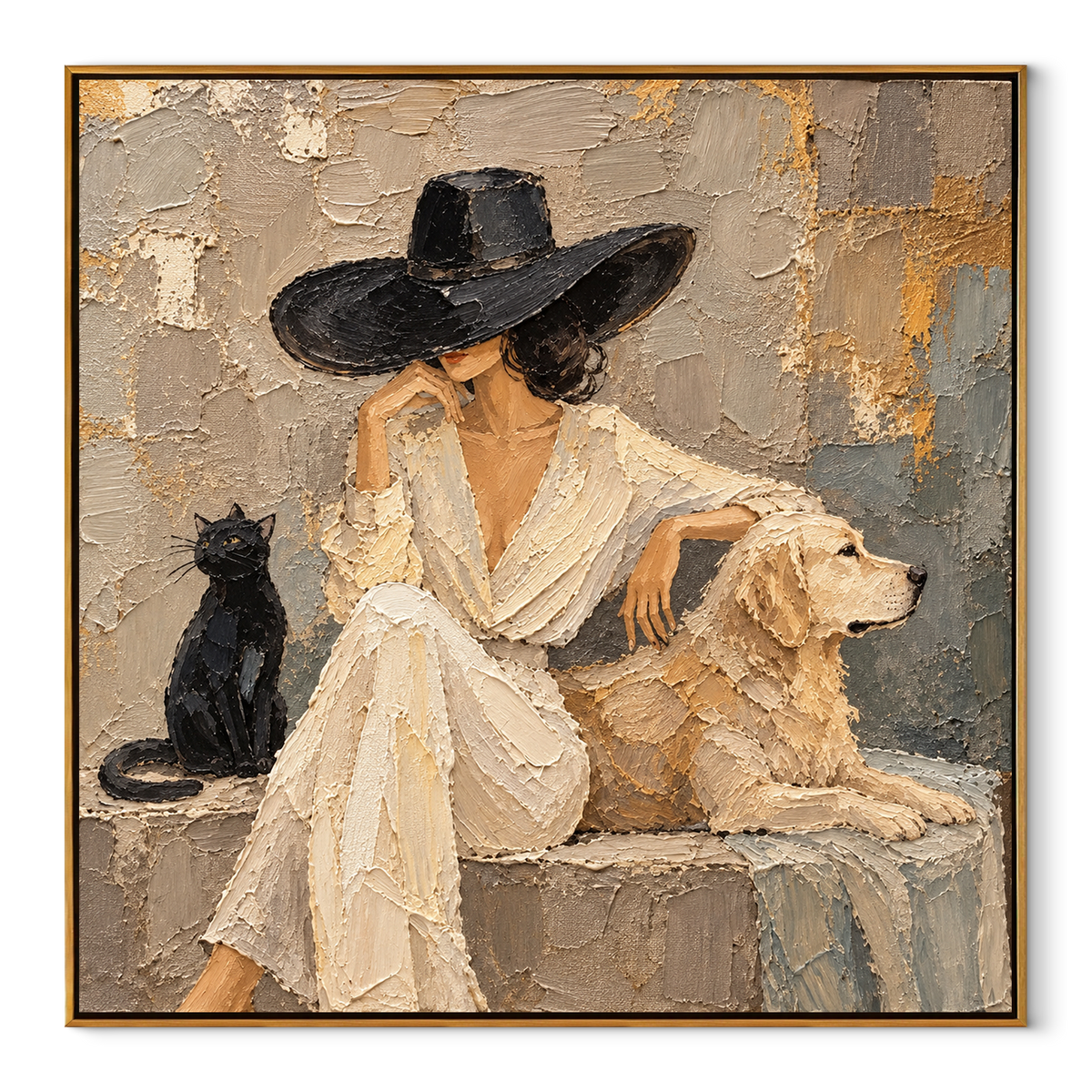 Quiet Company in Ivory square canvas artwork in a wood frame on white