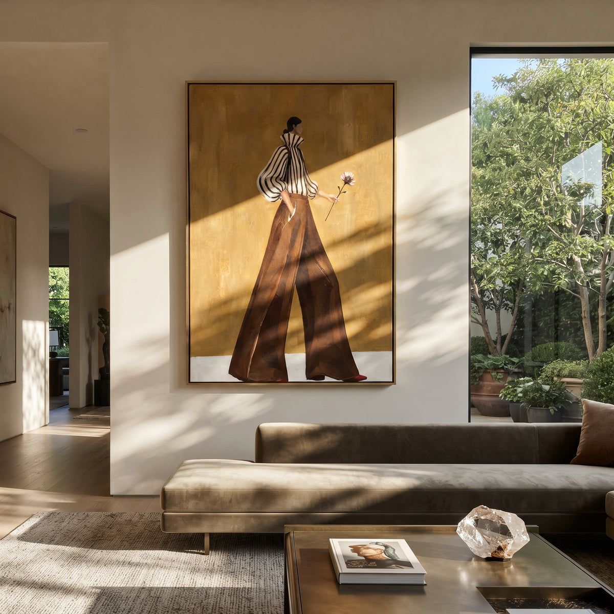Flower Behind Her Stride striped woman with flower painting displayed in a modern interior