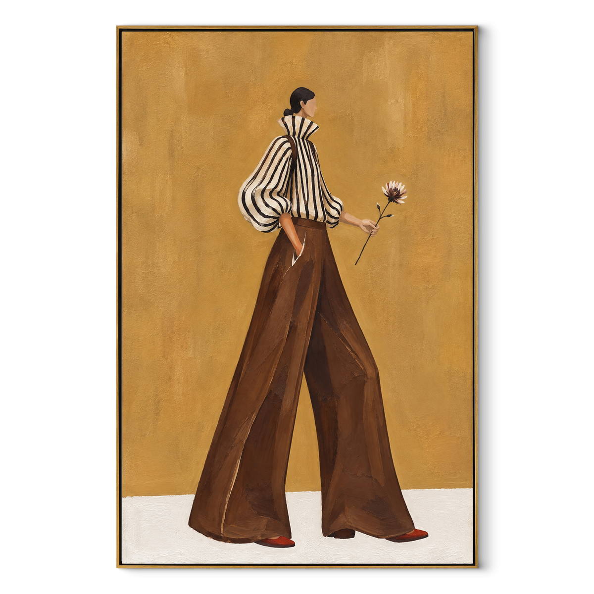 Flower Behind Her Stride vertical canvas artwork in a wood frame on white