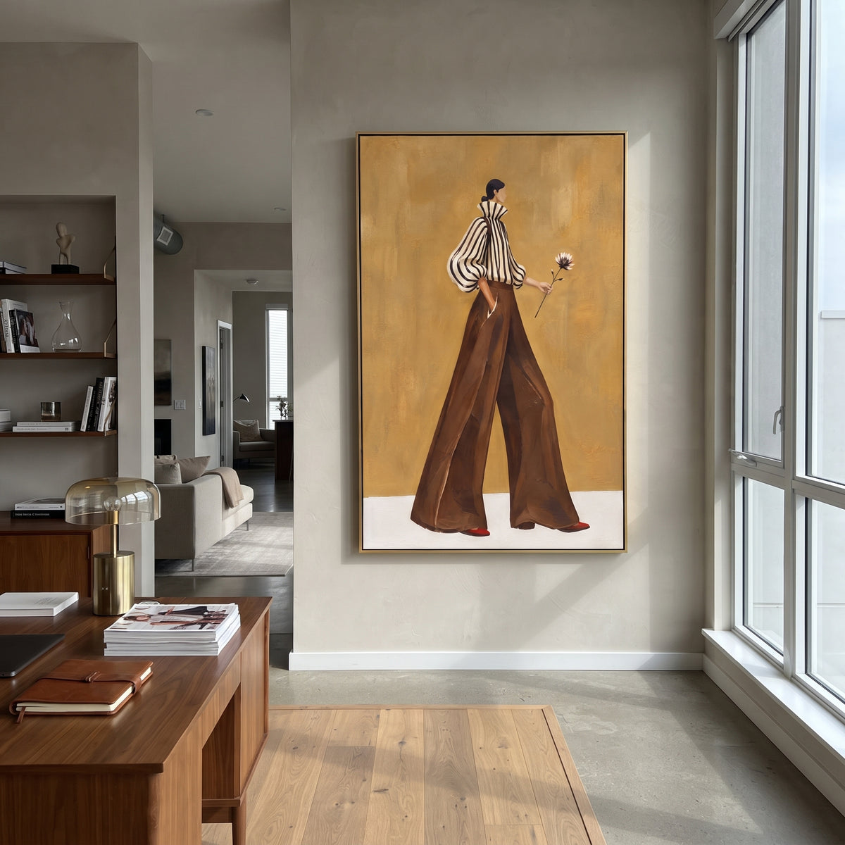 Flower Behind Her Stride vertical painting styled as a refined focal point