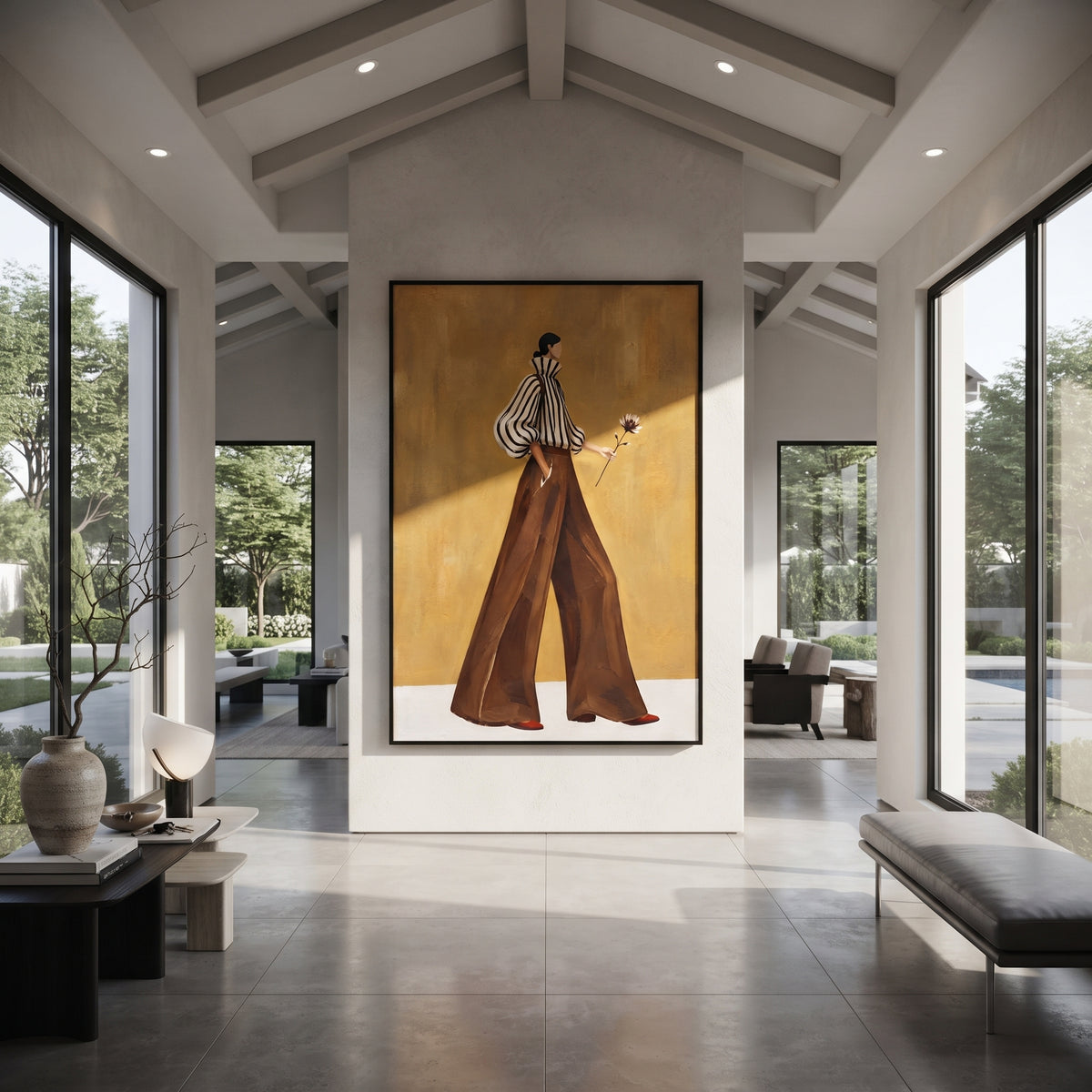 Flower Behind Her Stride displayed with natural materials and modern decor