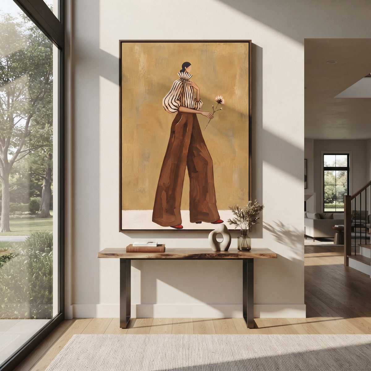 Flower Along Ochre Steps woman carrying flower painting displayed in a modern interior