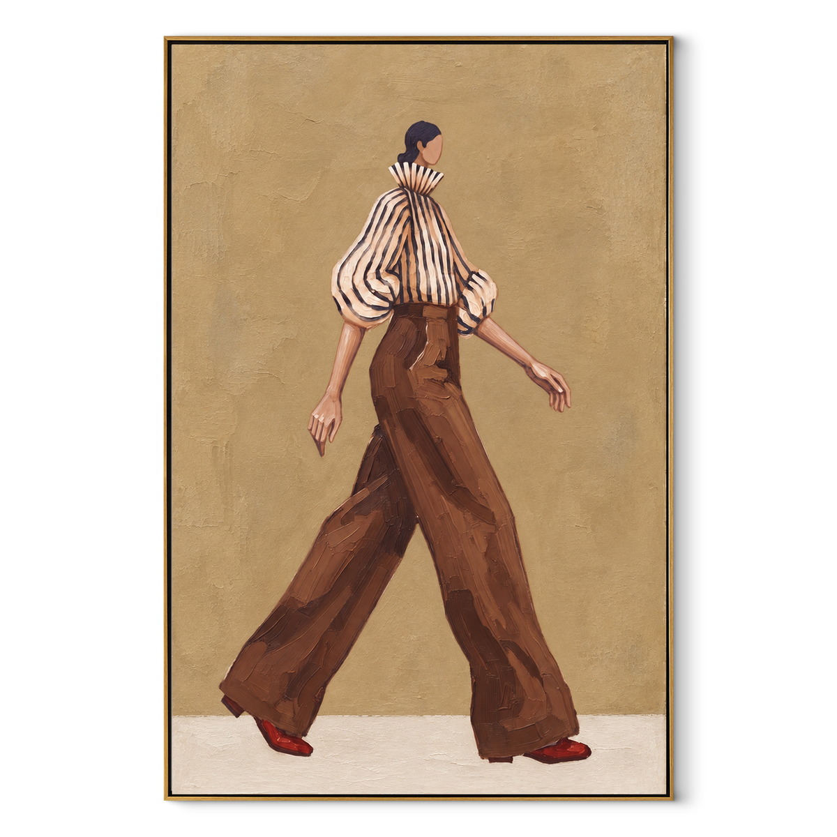 Brown Trousers in Motion vertical canvas artwork in a wood frame on white