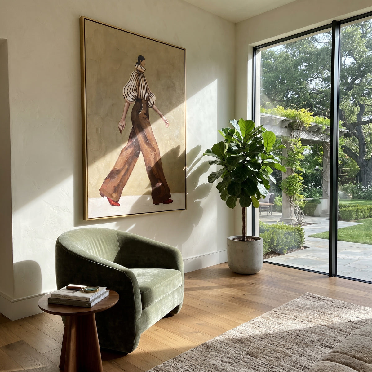 Brown Trousers in Motion fashion wall art shown above contemporary furnishings