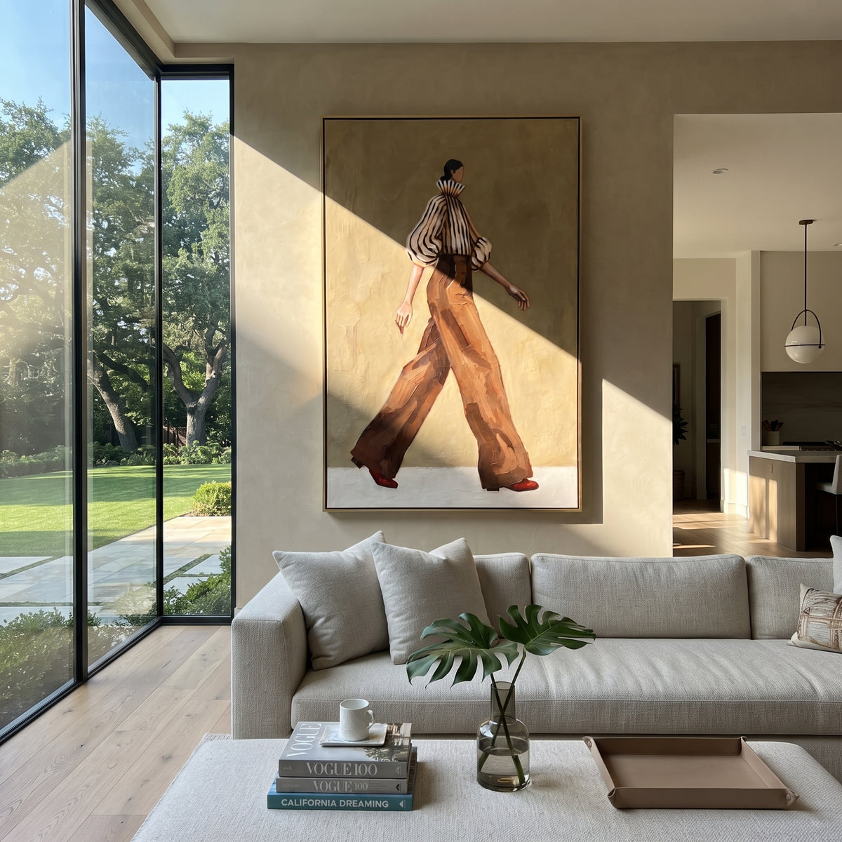Brown Trousers in Motion presented in an alternate room setting