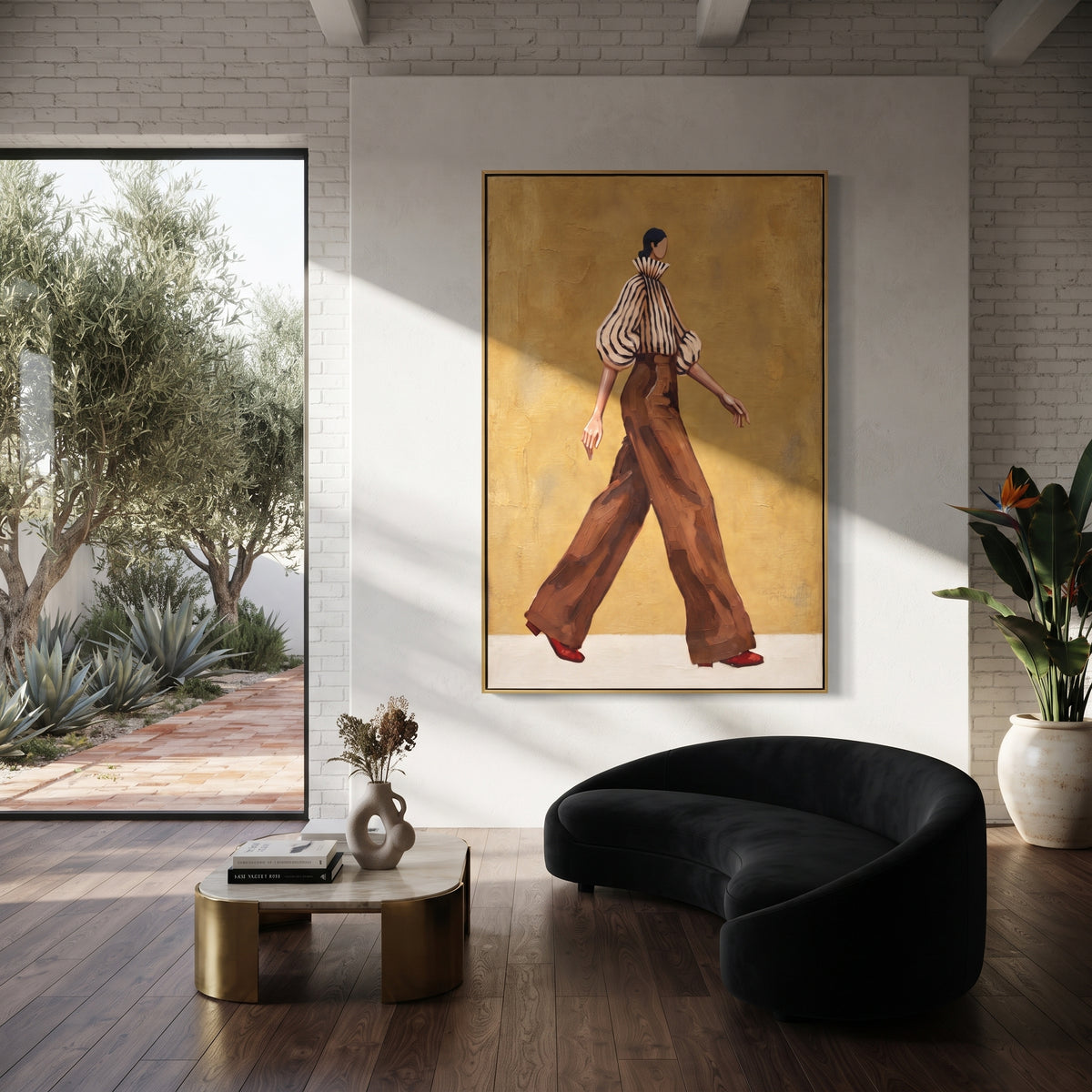 Ochre Walk Red Heels retro walking woman painting displayed in a modern interior