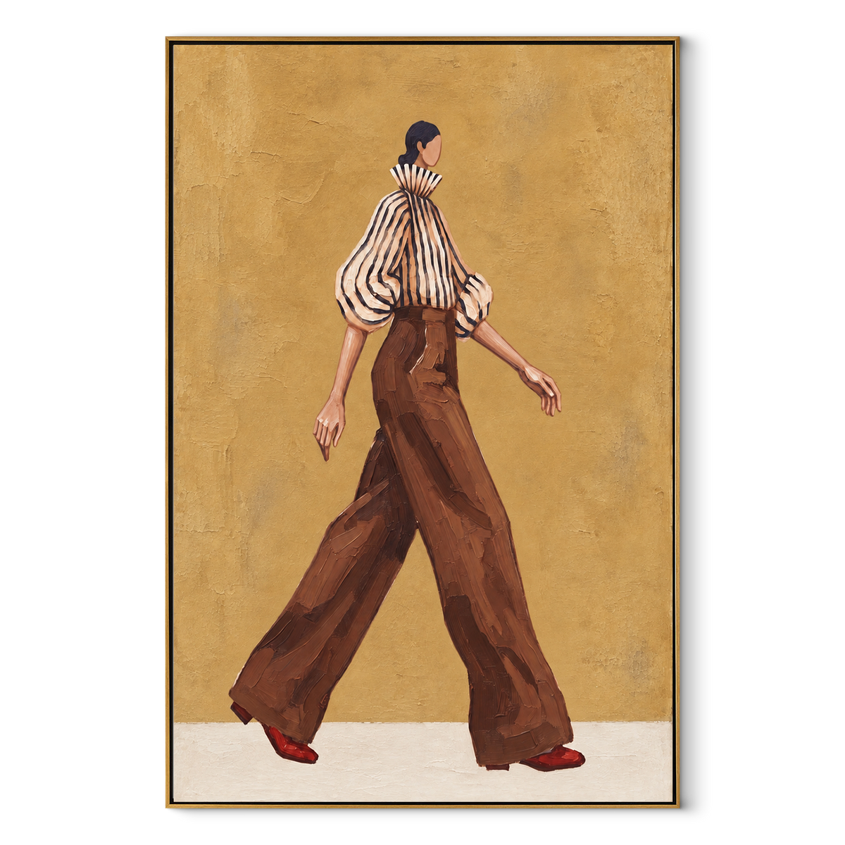 Ochre Walk Red Heels vertical canvas artwork in a wood frame on white