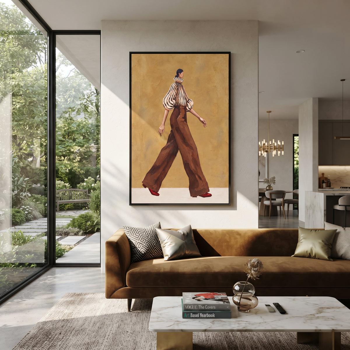 Ochre Walk Red Heels vertical painting styled as a refined focal point