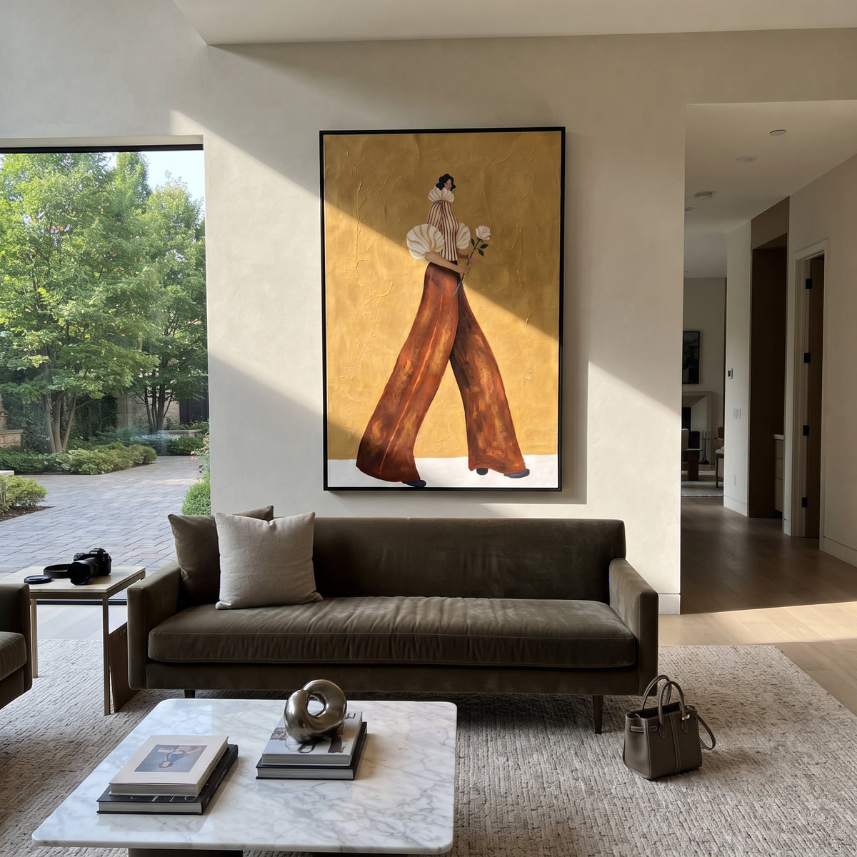 White Blooms Brown Trousers fashion wall art shown above contemporary furnishings