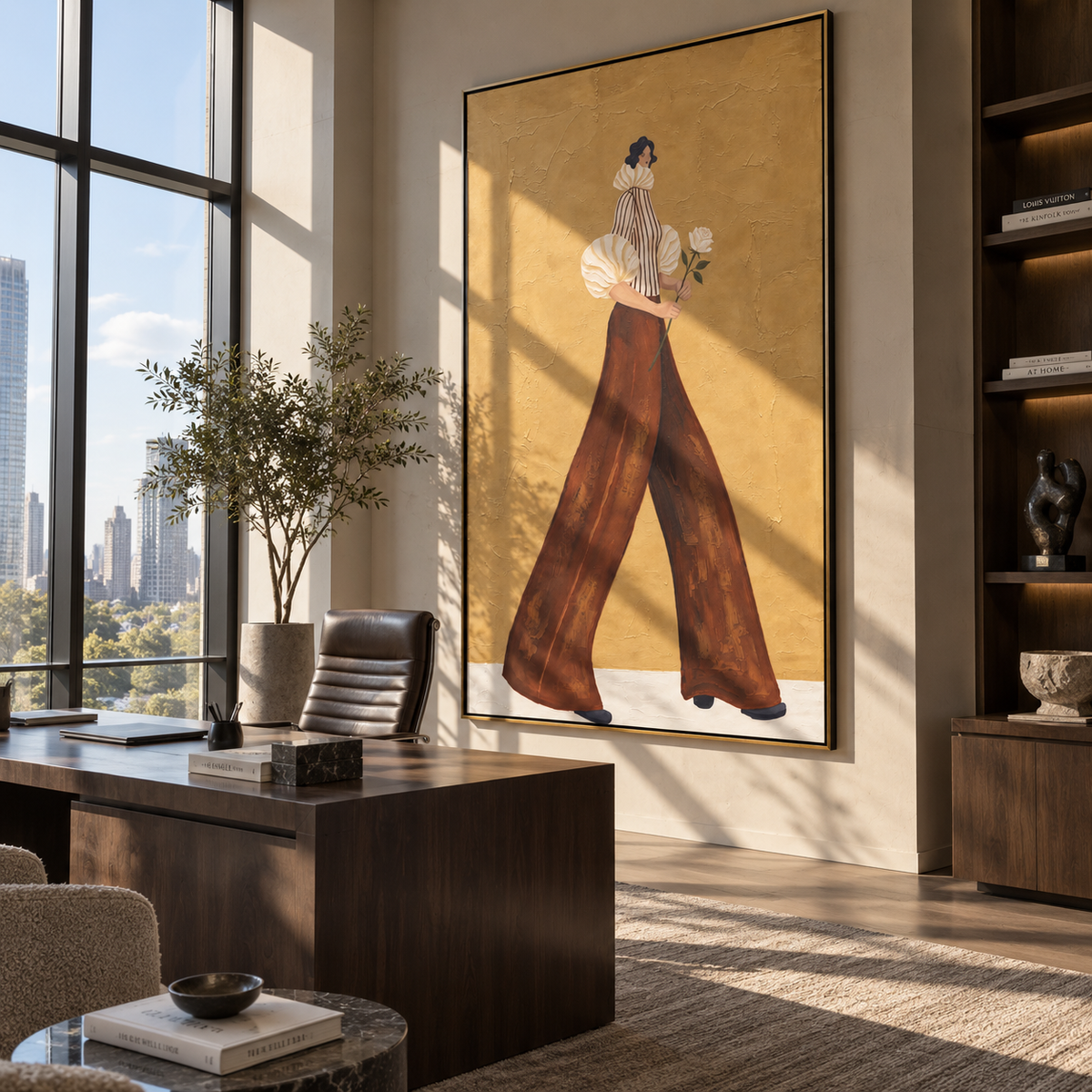 White Blooms Brown Trousers presented in an alternate room setting