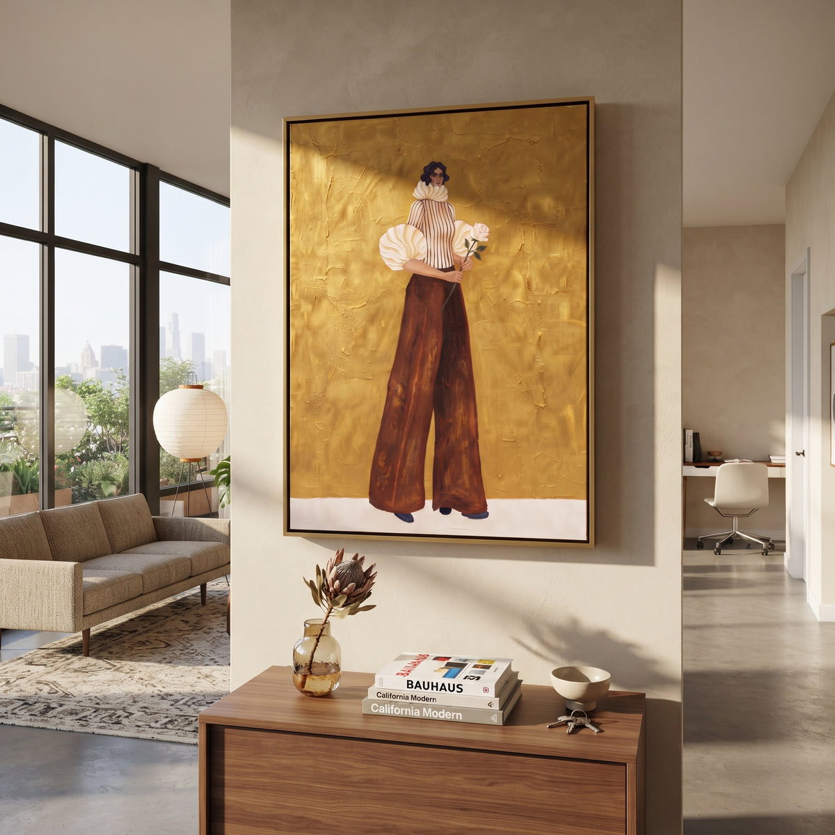 Flowers Held at Heart fashion wall art shown above contemporary furnishings