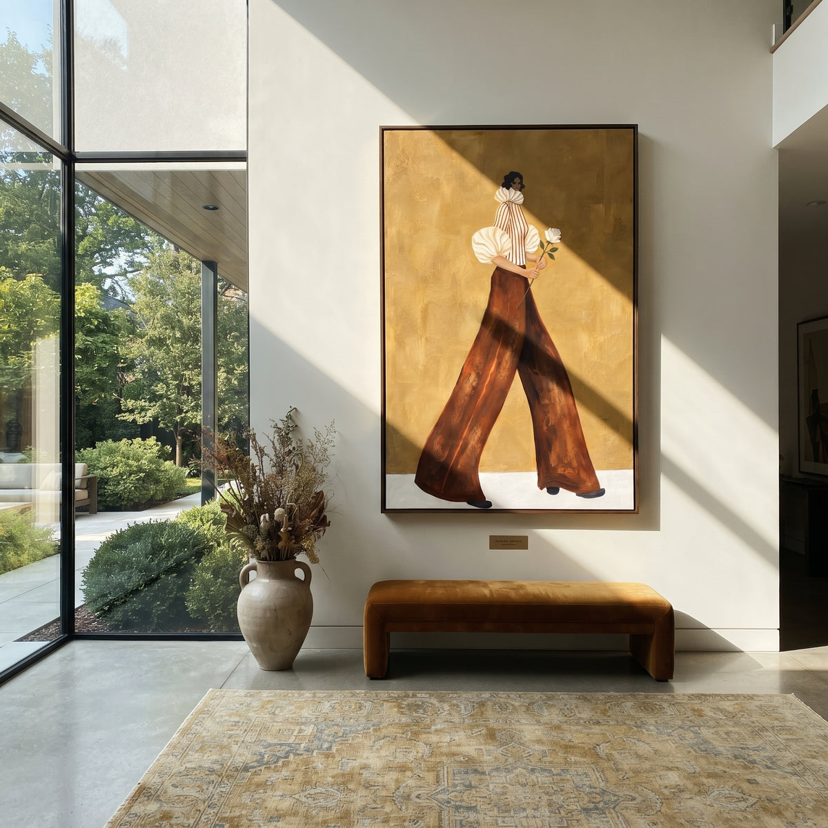 Ivory Bloom Quiet Walk retro woman with flowers painting displayed in a modern interior