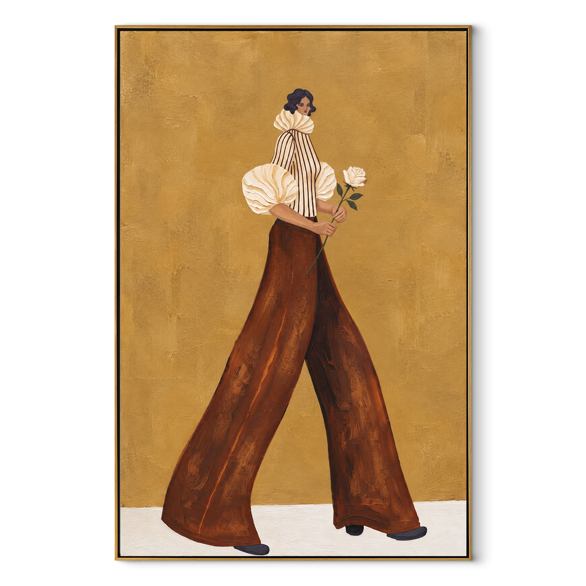 Ivory Bloom Quiet Walk vertical canvas artwork in a wood frame on white