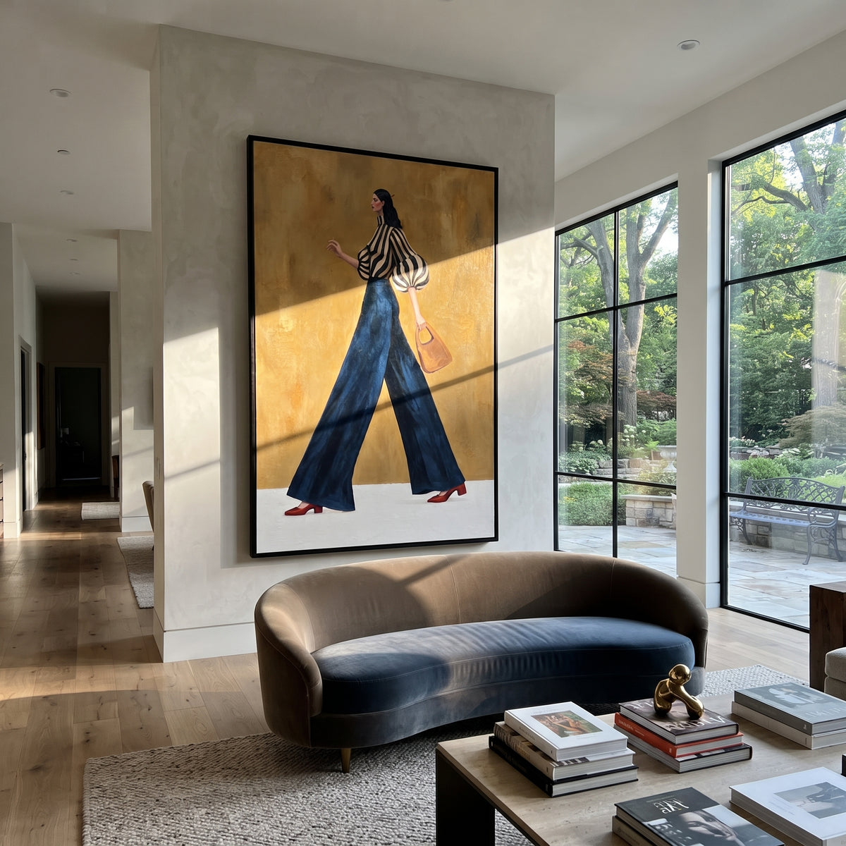 Navy Stride Tan Handbag woman with handbag painting displayed in a modern interior