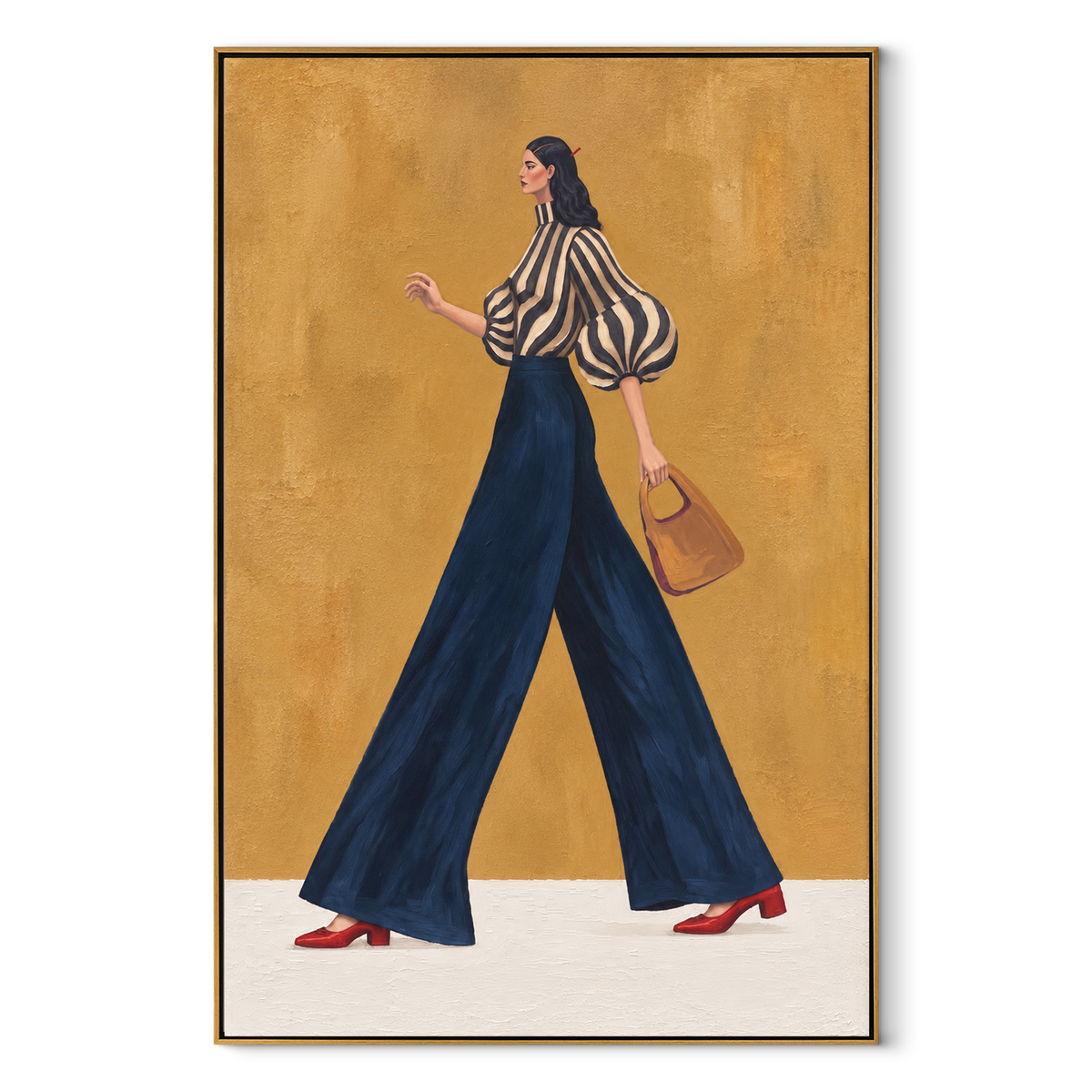 Navy Stride Tan Handbag vertical canvas artwork in a wood frame on white