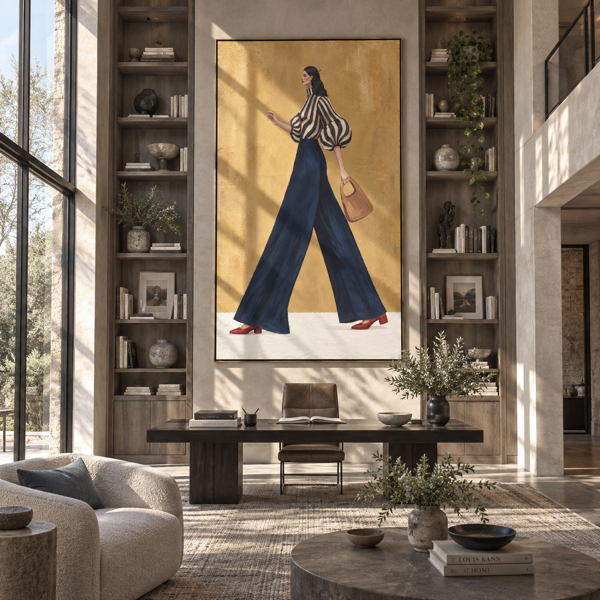 Navy Stride Tan Handbag fashion wall art shown above contemporary furnishings