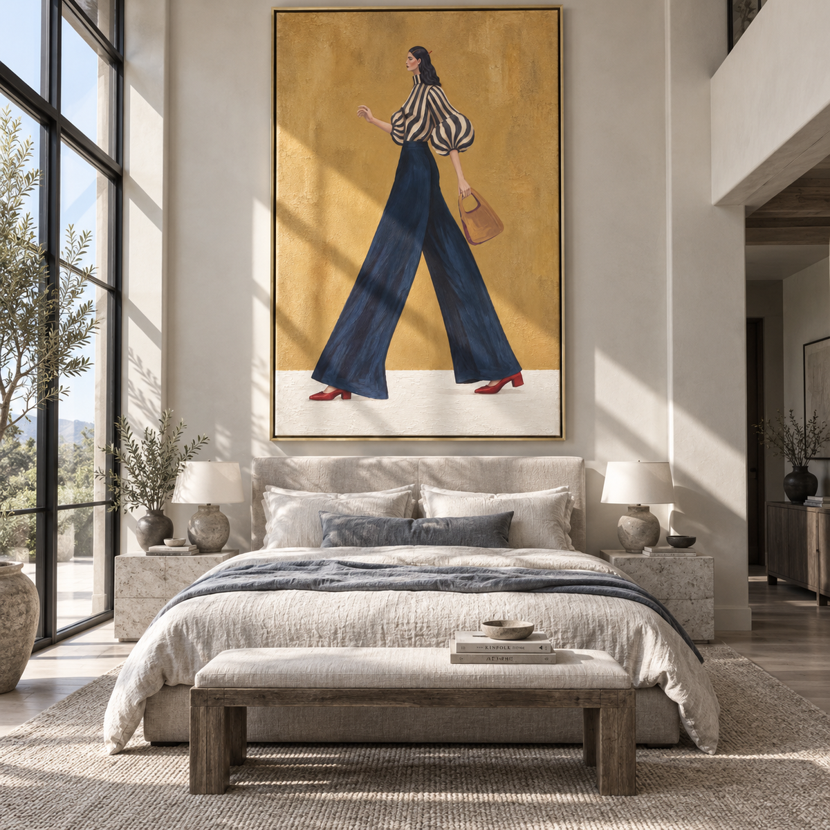 Navy Stride Tan Handbag presented in an alternate room setting