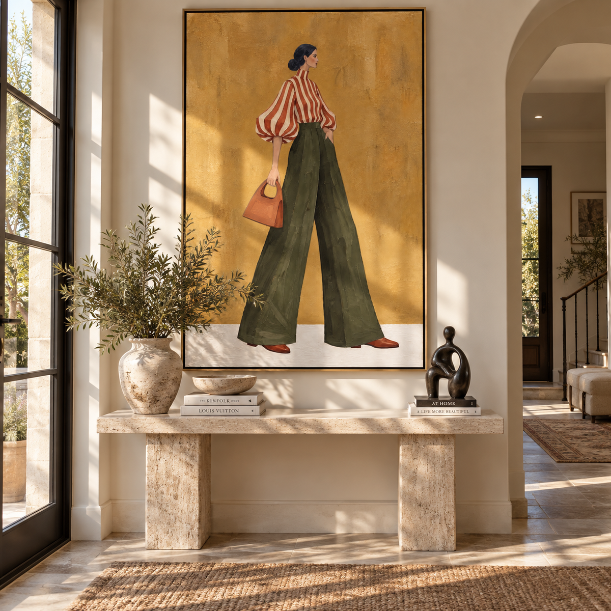 Scarlet Stripes Olive Walk retro woman with handbag painting displayed in a modern interior