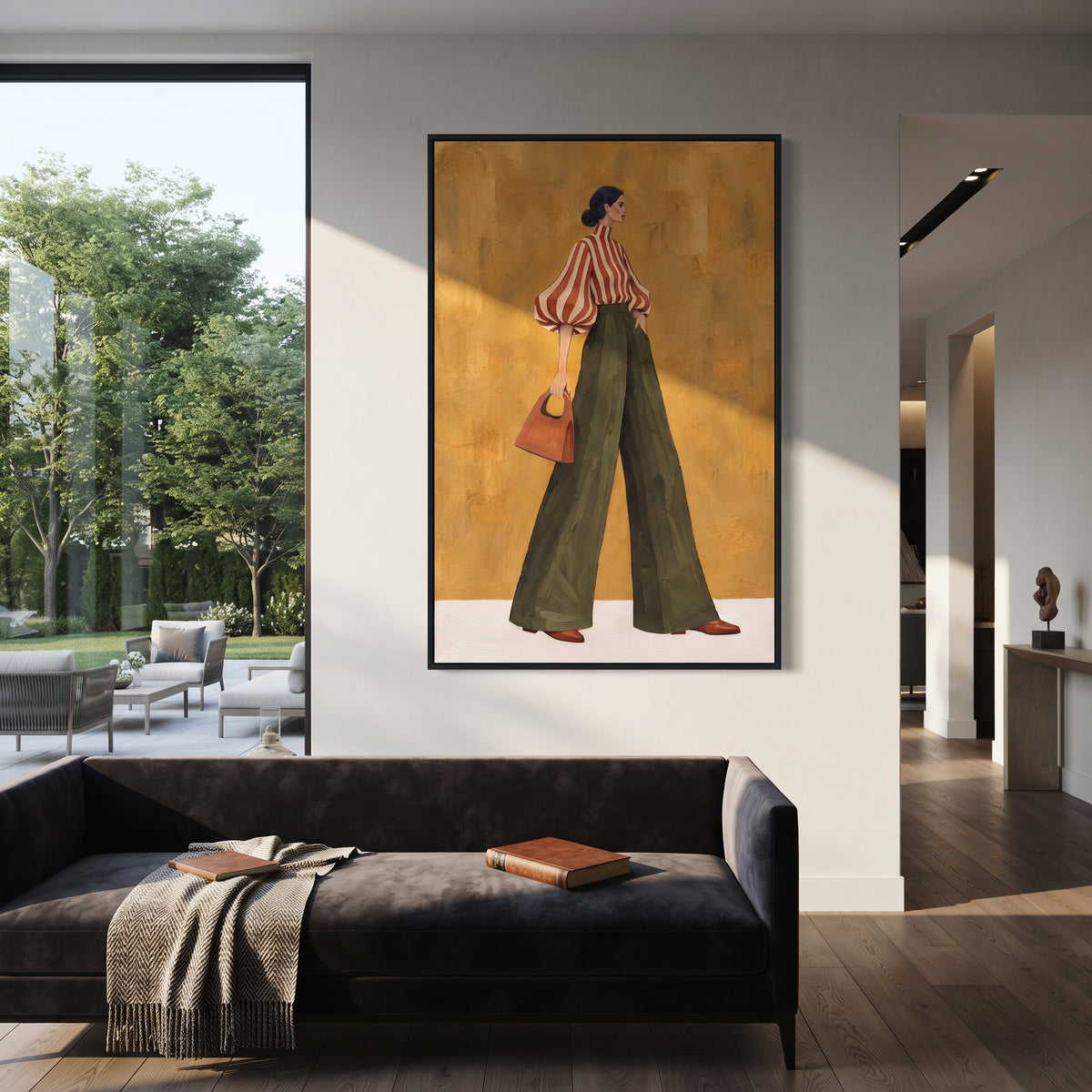 Scarlet Stripes Olive Walk fashion wall art shown above contemporary furnishings