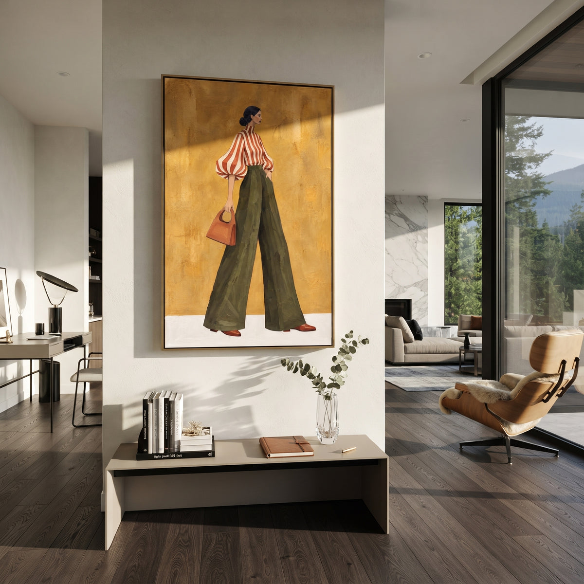 Scarlet Stripes Olive Walk vertical painting styled as a refined focal point