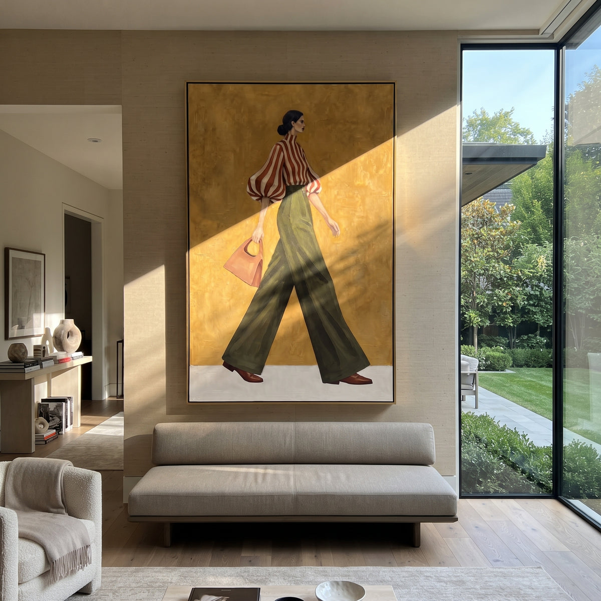Red Stripes Green Passage fashion wall art shown above contemporary furnishings